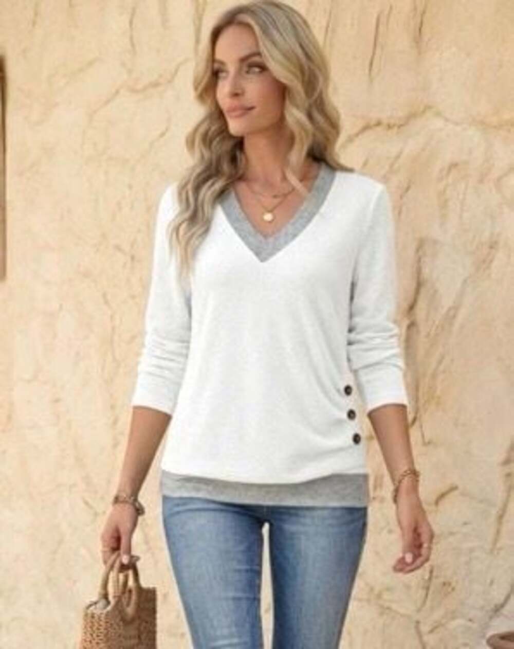 EMERY ROSE Women's V-Neck Long Sleeve Button Design Casual T-Shirt S
